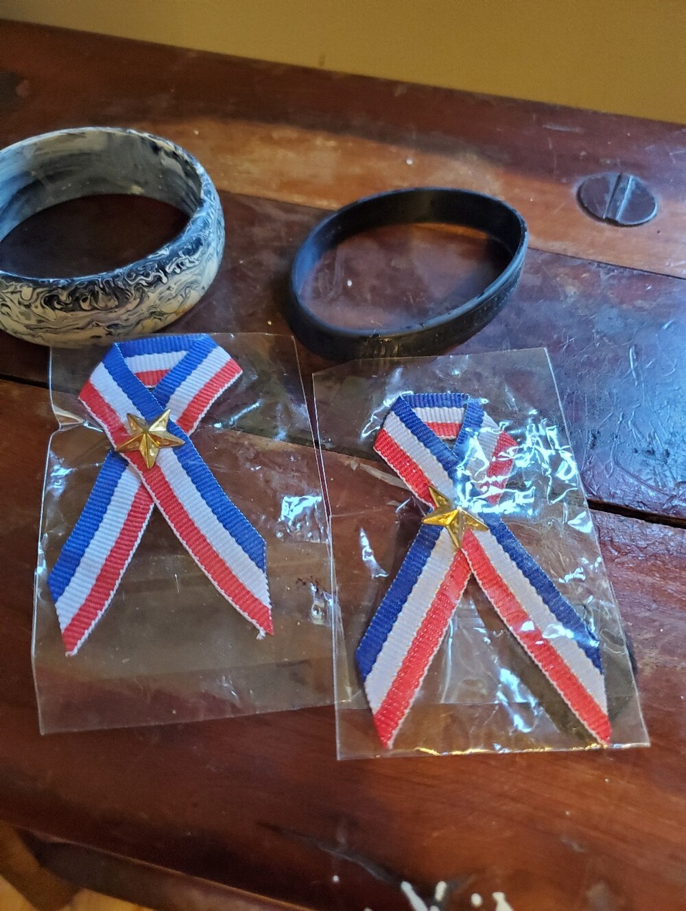 Patriotic Red White Blue Ribbon Pin with Gold Star (2 Pack)